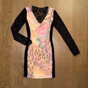 Moikana Luna Exotic Animal Print and Black Lace Mini Bodycon Dress Size S